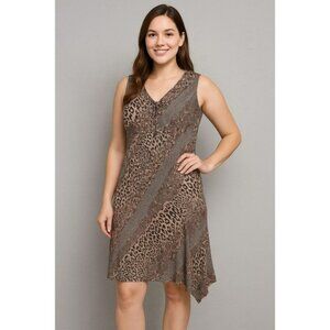 Vintage Kathie Lee Dress Womens XL Brown‎ Patchwork Animal Print Floral Tie Neck